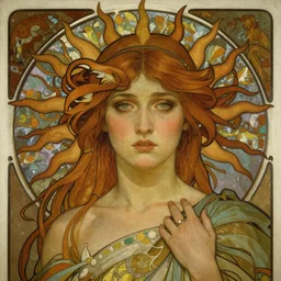breathtaking detailed concept art nouveau painting of attractive Ashley Liao as the goddess of the sun, with anxious, piercing eyes, by Alphonse Mucha, Michael Whelan, William Adolphe Bouguereau, John Williams Waterhouse, and Donato Giancola, cyberpunk, extremely moody lighting, 8K