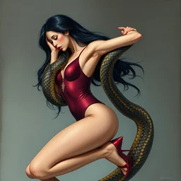a girl win long black hair dancer heels, burgundy bodysuit entwined with a python. highly detailed digital painting, watercolor, soviet realism, engraving, artstation, concept art, smooth, sharp focus, vivid grunge, manga, illustration, unreal engine 5, 8 k, art by bilibin, kilian eng, kuvshinov, malevich, mucha