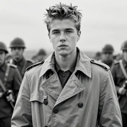 justin bieber in a trench during world war 1, photo realistic, black and white