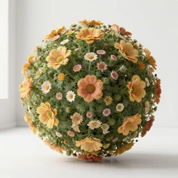 The Mandelbulb has grown flowers all over its surface. Full frame view. In a white room. Soft light. High Detail
