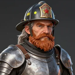 An old man with a ginger beard, wearing knights armour and a fire fighters helmet, highly detailed, digital art, sharp focus, trending on art station, anime art style