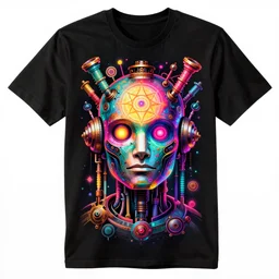 hyperdetailed masterpiece portrait of a psychedelic steampunk robot head, covered in colorful glowing holy geometry and chakras, wearing multicolored tubes, 8 k, halluzinogenic, meditative, flourescent colors on black background, tshirt art