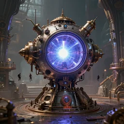 teleportation machine in a steampunk world, with people using it to travel the world, the machine is a large metal contraption with a bright plasma energy light in the center