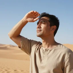 man in a desert with arm up, shielding him eyes from the bright sun in the sky, 8 k, realistic, detailed