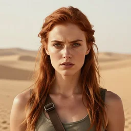 fantasy portrait, full face!!, young woman, auburn hair, athletic, slavic features, serious demeanor, tomb raider, ( desert background ), in the style of ruan jia, high detail, uplit, 8 k