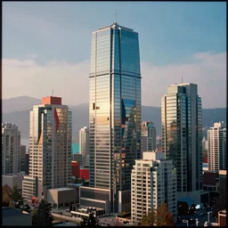 Macro photograph of Orwellian Sky scrapers in Vancouver, dystopia, extreme detail, cubism art style, vibrant colors, realism, cinematic, misty, 35mm film grain