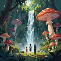 psychedelic mushrooms, enchanted forest, waterfall, clean cel shaded vector art, shutterstock, behance hd by lois van baarle, helen huang, by makoto shinkai and, rossdraws, illustration