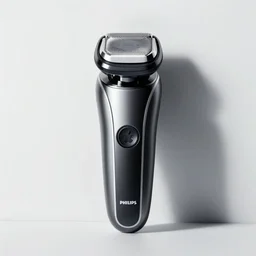 ( philips shaver ) designed by apple, studio photo, white backdrop, studio light, solid works, octane render, macro shot, in focus, dept of field, silver, blue, black design