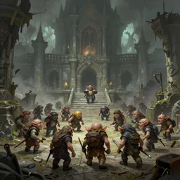 detailed ultra - realistic graphic novel illustration of patrolling goblins, desolated mega dungeon cove, by famous digital artists, cinematic, full shot, hi fantasy art