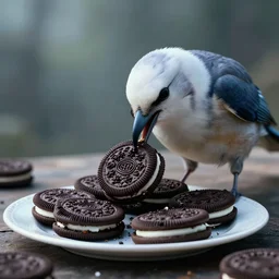a bird eating a plate full of oreos, realism, cinematic, hyper detailed masterpiece, ethereal, post apocalyptic