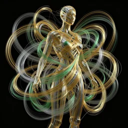 a humanoid made of millions of thin ribbons and threads of translucent gold, silver, and green that are twisting, swirling, unraveling, and pulling apart into vast webbing structures, unreal engine
