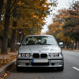 A BMW e36 parked in a road with trees, autumn season, Epic photography, taken with a Leica camera, 50 mm, depth of field, bokeh