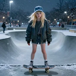 blonde skatergirl with fringe ponytail hair in denim baseball cap bomber jacket and high top sneakers in the skatepark during winter blizzard midnight. wide eyes, highly detailed, cinematic dramatic lighting, low lit, fully body shot, smooth concept art, airbrush, by artgerm and greg rutkowski and alphonse mucha and simon stalenhag artstation