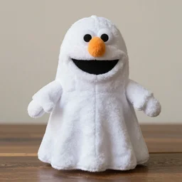 a home made halloween ghost muppet plush, sesame street, photograph, realistic, photorealistic