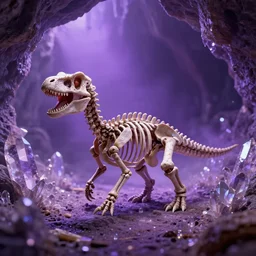 full shot portrait of tiny dinosaur skeleton lying in a cave covered in big shiny crystals, detailed, unreal engine 4k volumetric light, fog, purple color palette