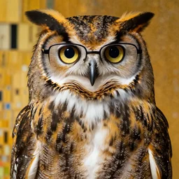 a great horned owl with eyeglasses teaching a college course, intricate detail, klimt, unreal engine,
