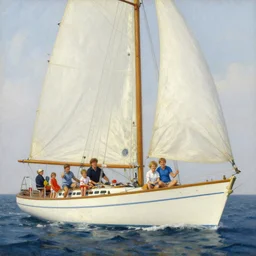 beautiful oil painting of a family sailing on a very big luxurious sailboat in the Netherlands, happy