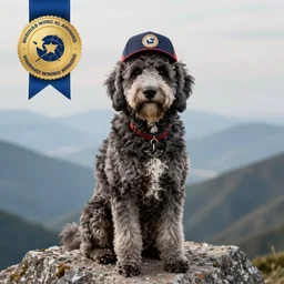 sheepadoodle wearing a hat atop a mountain, award - winning photography