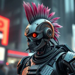 photorealistic render, hyper - detailed, of a punk robot with a mohawk, cyberpunk, punk, mohawk, riot, anti - establishment, dystopian, sci - fi, urban