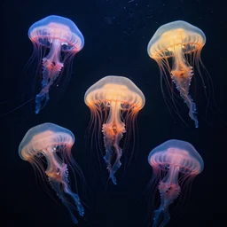 highly detailed photo of five colorful jellyfish floating in dark under water sea, hyper realistic, concept art, 8 k detail post - processing