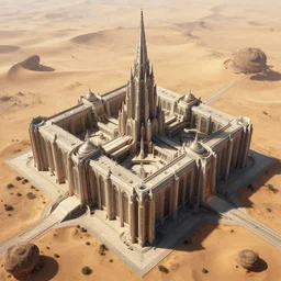 bird eye view of a giant immense squared crematorium gothic architecture advanced technology scifi architectural structure desert planet, bruce pennington,