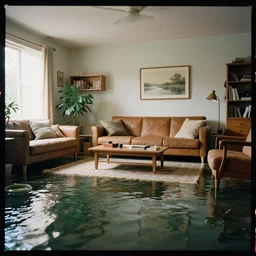 kodak portra 4 0 0 photographic and realistic interior of living room, detailed, octane render, unreal engine, 4 k, artstation, hyper realistic, wide angle, floor flooded, how a river, objects that float, 3 5 mm, sharp focus, soft light, volumetric light, in the style of gregory crewdson