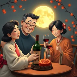 family enjoying wine and mooncake together, very detailed, wine bottle, beautiful mooncake, moonfestival decoration, mid autumn fesitval, by artgem, victo ngai, makoto shinkai, by klimt and nixeu and ian sprigger and wlop and krenz cushart