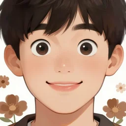 young man with a big smile, prominent big eyes, round portruding chin, plump lips, brown flowers, standout colours, sharp, highly detailed, simple lines, digital painting, artstation, concept art, matte, sharp focus, illustration, anime moe artstyle