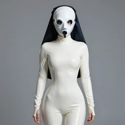 female petite plague doctor nun, in white tight latex suit, long sleeves, turtleneck, a white latex plague doctor mask, trending on artstation, establishing shot