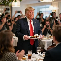 Donald Trump doing service in restaurant, paparazzi photo, long focale shoot