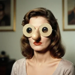 glamorous woman with a bulbous spherical prosthetic nose, circular cardboard eyes, 1 9 7 2, color, fassbinder, medium - shot 1 6 mm film, interior