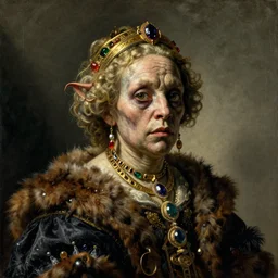 disturbing dutch golden age oil painting by christian rex van minnen portrait of an extremely bizarre mutated grotesque proteus syndrome woman wearing fancy fur and jewels with intense chiaroscuro lighting cast shadows perfect composition masterpiece