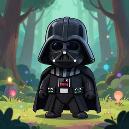 a cartoonish cute anthropomorphic Darth Vader is in a mystical forest full of wonders, pine trees, magical atmosphere, trending on artstation, 30mm, by Noah Bradley trending on ArtStation, deviantart, high detail, stylized portrait H 704