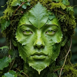 closeup portrait of a leaf face made of leaves, vines, foliage, moss, concept art by Artgerm