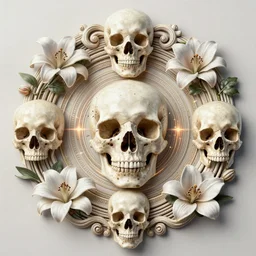 beautiful classical holy decorative ornament, sacred skulls, acanthus scrolls, lilies, ivy, anatomy, energy, geometry, magnolia, bones, petals, stems, fibonacci rhythm, artstation, art germ, wlop