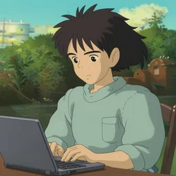 tan - skinned guy with shoulder length black hair and long sleeves using a laptop, looking down, art by hayao miyazaki, studio ghibli film, twitter pfp