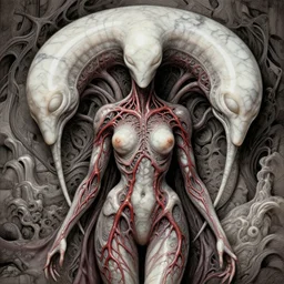 naraka buddhist demon korean female, appy female alien, tubular creature, blood vesels, no face, dystopian surrealism, alex ries zdzisław beksinski, symmetrical long head, smooth marble surfaces, smooth marble surfaces, detailed ink illustration, detailed ink illustration, raiden metal gear, cinematic smooth stone, deep aesthetic, concept art, post process, 4 k, carved marble texture and silk cloth, latex skin, highly ornate intricate details, in the style of 8 8 grzes