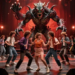 the cast of stranger things having a dance battle with the demogorgon, extremely detailed, high quality, 4 k, award - winning,