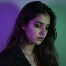 a high quality photo of a beautiful woman moody and melanchony with accents of purple and green.