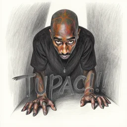 a monster lurks in the shadows, tupac!!!!, colored pencil drawing, surreal, macabre, grotesque, creepypasta, horror, terror, gothic, digital art trending on artstation