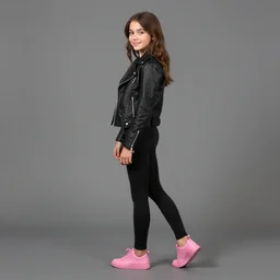 Sideview of Girl in jet black biker jacket, jet black leggins, pink shoes, smiling at the camera!, matte painting, by Albert Aublet, Krenz Cushart, WLOP and Sakimichan