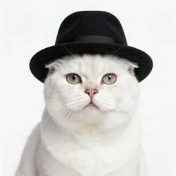 a white cat with a hat on its head, a stock photo by Miao Fu, shutterstock contest winner, rasquache, stock photo, stylish, white background