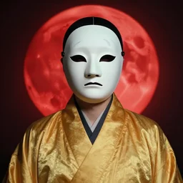portrait of a man with a mask on his face in the form of a spiral in a golden kimono, full face, against the background of a bright red moon, sad motif, by ilya kuvshinov, dramatic, soft colors, futuristic, 8 k
