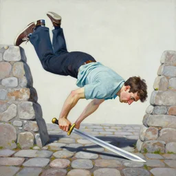 greg manchess portrait of a man falling over a sword stuck between cobblestones, profile picture, organic painting, sunny day, matte painting, bold shapes, hard edges, street art, trending on artstation, by huang guangjian, gil elvgren, ruan jia, randy vargas, greg rutkowski