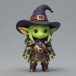 cute tiny orc girl with green skin wearing hunter armor from Bloodborne and a wizard hat, d&d, art by Zone