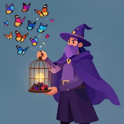 wizard holding a cage, with a swarm of butterflies fluttering out, digital 2d fantasy art, Fluttering Cloak
