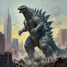 a hyper-realistic studio oil-painting of a giant Godzilla destroying new-york; hyper-detailed; an extraordinary masterpiece!!!; flawless; trending on artstation