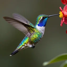 luminescent hummingbirds, made of pure energy and intricate details, glowing, feeding on the nectar of the gods, macro lens, blur background