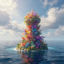 a beautiful insanely realistic bioremediation plant in the middle of the ocean, tower with drones, reflexions, colorfull, octane render, redshift, hdr, volumetric light, clouds, sunrays, trending on artstation, insanely detailed, masterpiece