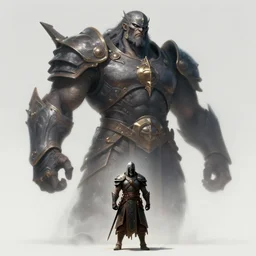 a celestial giant Vs a small worrior, character design, concept art trending on artstation, Fantasy, realistic, unreal engine,